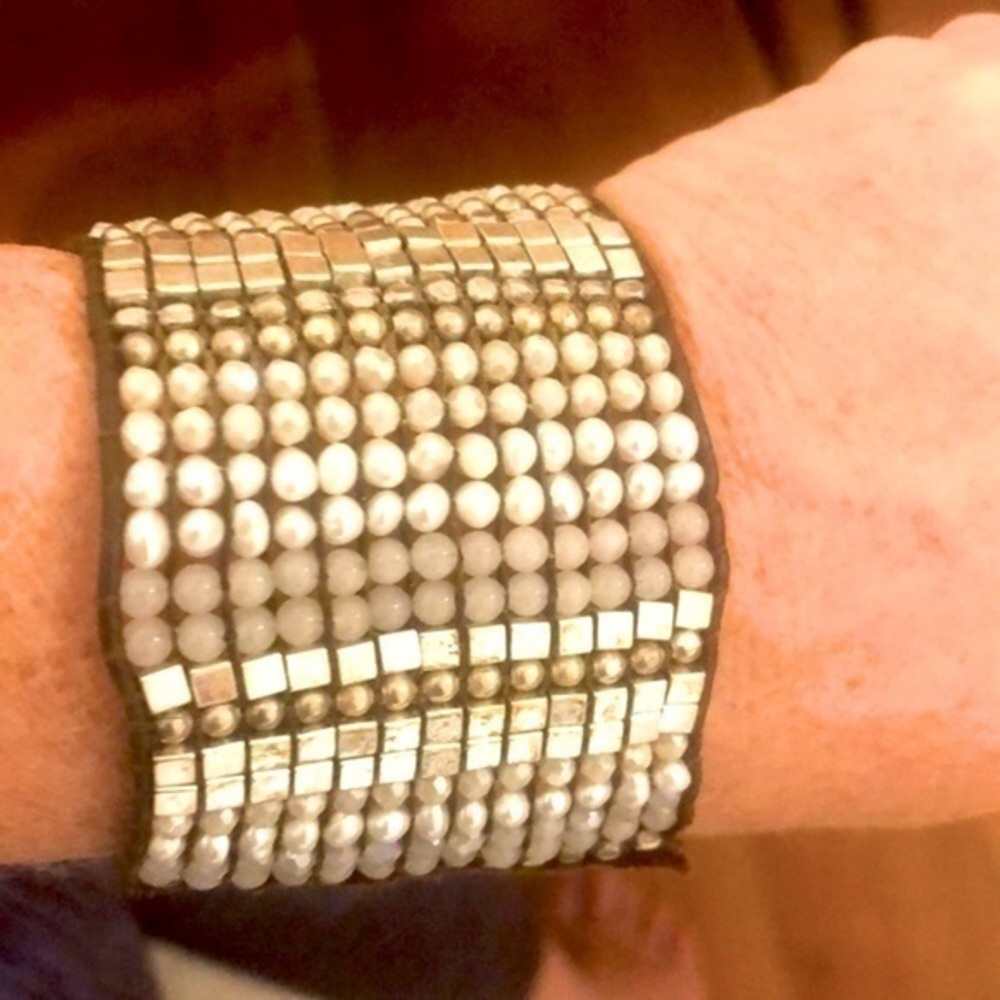 Silver beaded adjustable Leather Bracelet